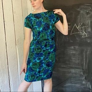 Vintage 50’s Blue Green Rose Floral Cocktail Wiggle Dress by Bud’s Duluth S/M